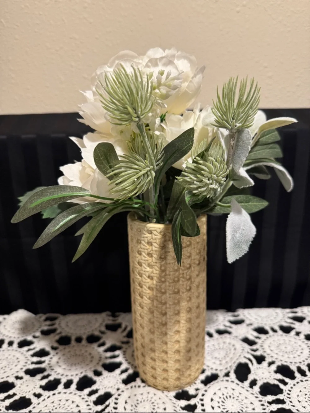 White Faux Peony Arrangement with greenery in a Textured Tan Vase